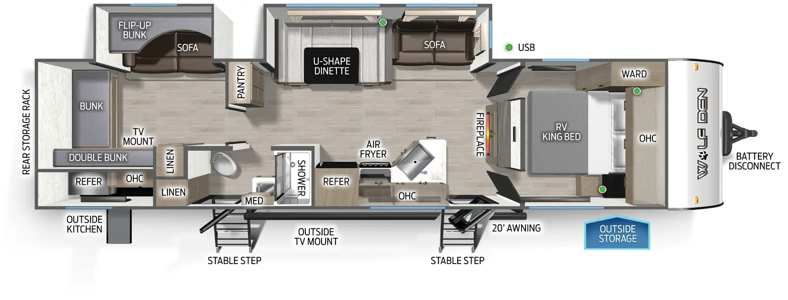 The Wolf Den 301BH floorplan has two entries and two slide outs. Exterior features include: metal exterior, 20' awning and outside kitchen. Interiors features include: bunk beds, u-dinette and front bedroom.